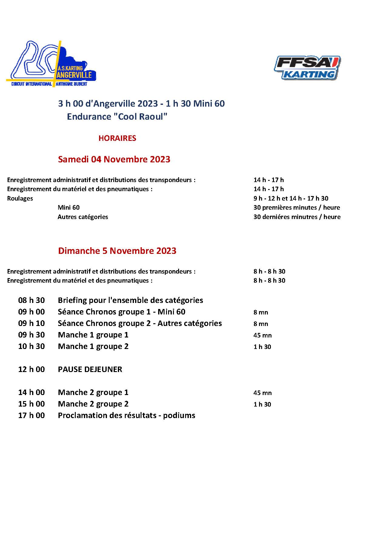 Horaires Endurance Cool Raoul 2023